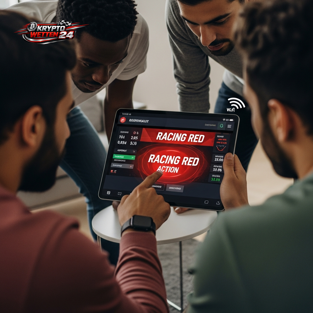 Eine Gruppe von Experten analysiert Wett-Daten auf einem Tablet und diskutiert die Prognose für das Spiel Österreich gegen Jordan.